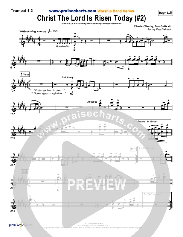 Christ The Lord Is Risen Today Trumpet 1,2 (PraiseCharts Band / Arr. Daniel Galbraith)