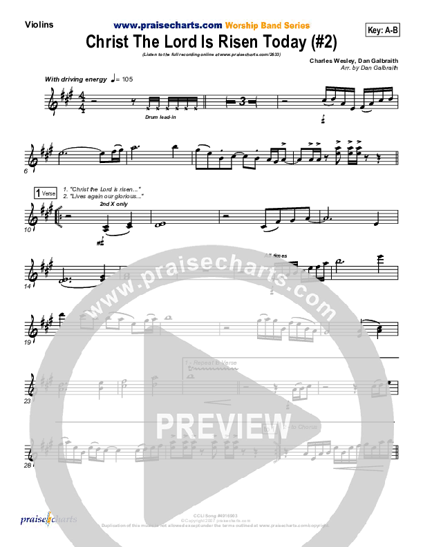 Christ The Lord Is Risen Today Violins (PraiseCharts Band / Arr. Daniel Galbraith)