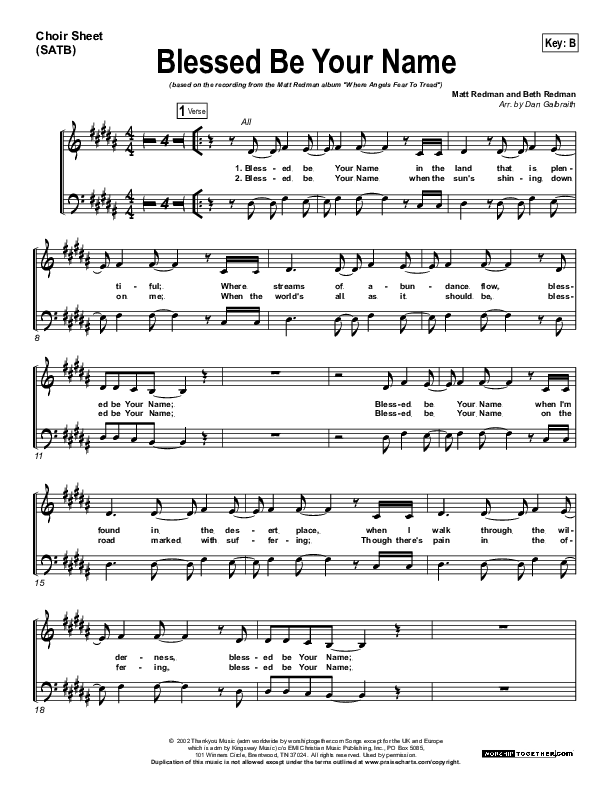 Blessed Be Your Name Choir Sheet (SATB) (Matt Redman)