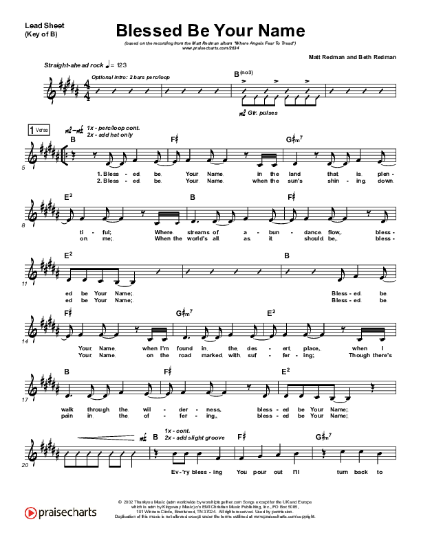 Blessed Be Your Name Lead Sheet (Melody) (Matt Redman)