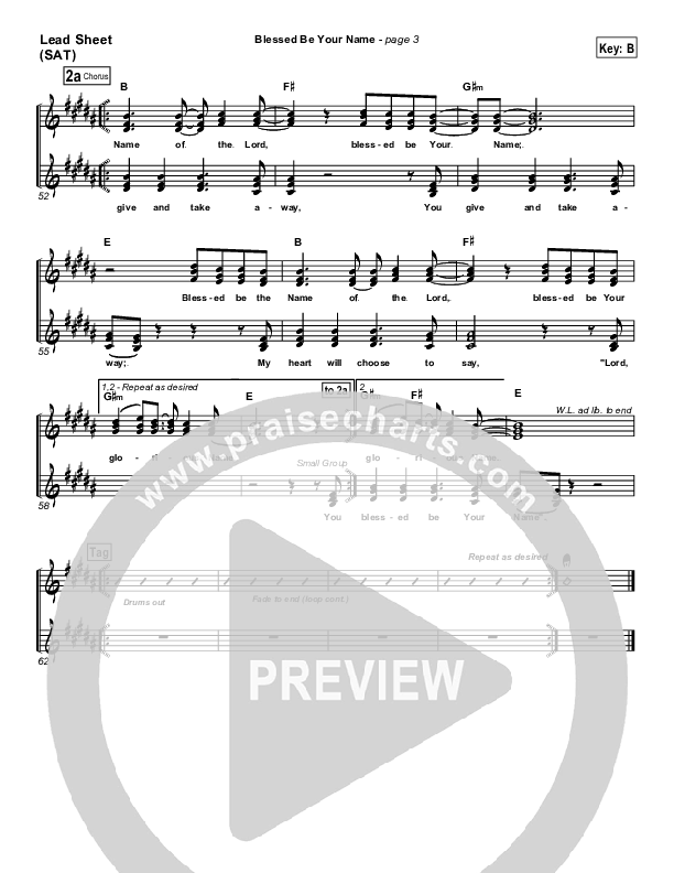 Blessed Be Your Name Lead Sheet (SAT) (Matt Redman)