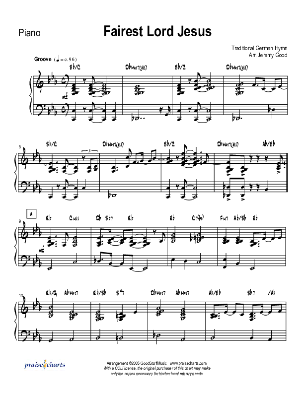 Fairest Lord Jesus (Instrumental) Piano Sheet (Good Jazz Series)