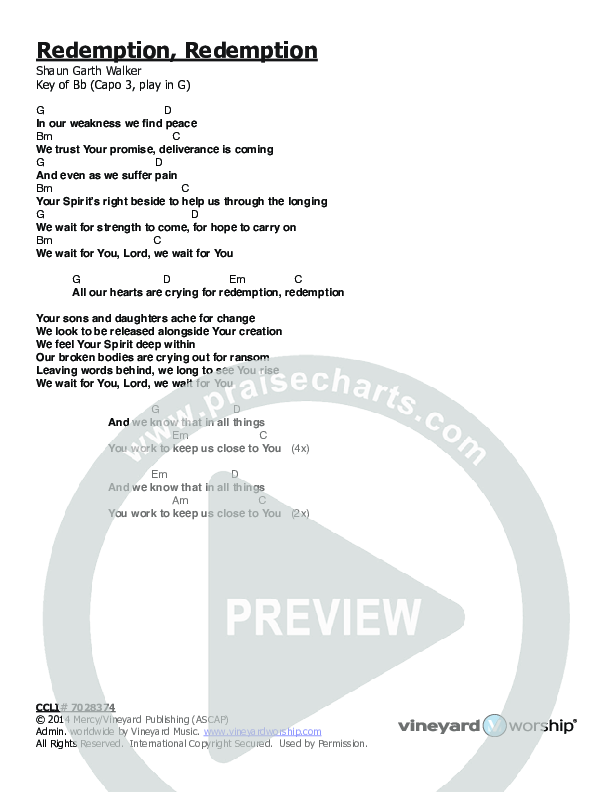 Redemption Redemption Chords & Lyrics (Vineyard Worship)