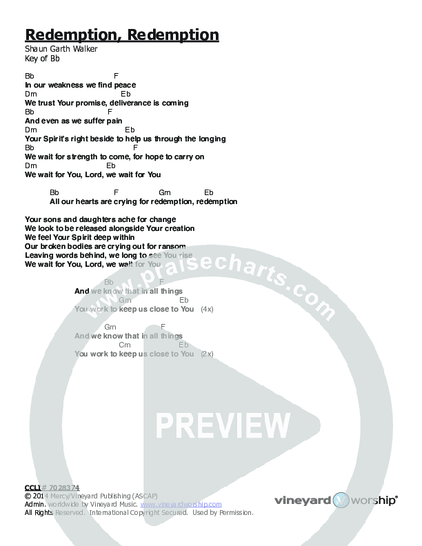 Redemption Redemption Chords & Lyrics (Vineyard Worship)