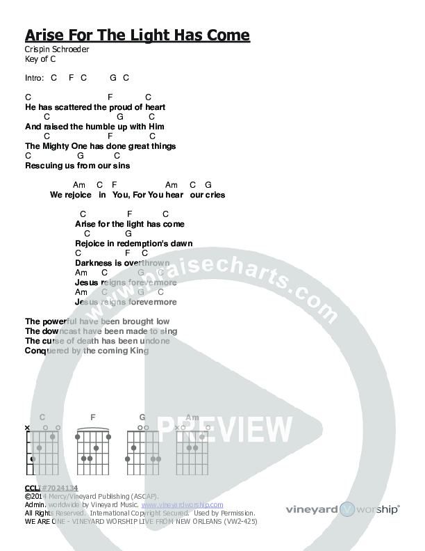 Arise For The Light Has Come Chords & Lyrics (Vineyard Worship)