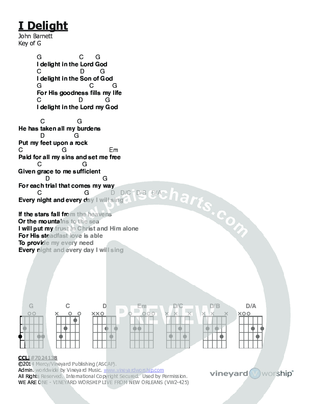 I Delight Chords & Lyrics (Vineyard Worship)