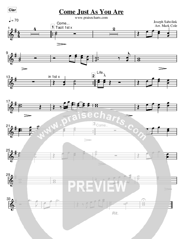 Come Just As You Are Clarinet (Maranatha Praise Band)