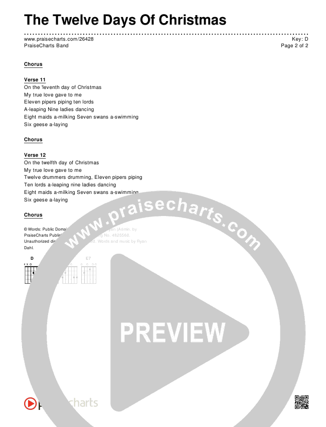 The Twelve Days Of Christmas Chords & Lyrics (Traditional Carol)