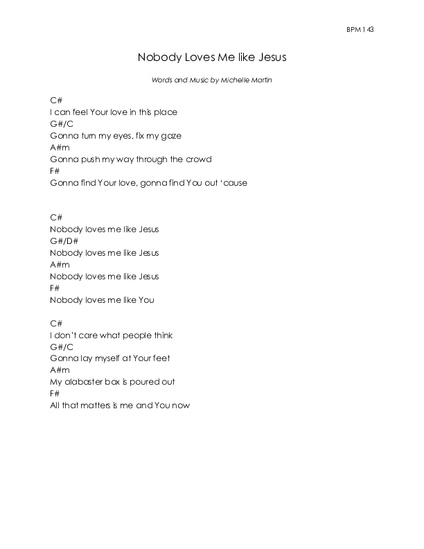 Nobody Loves Me Like Jesus Chords & Lyrics (Michelle Martin)