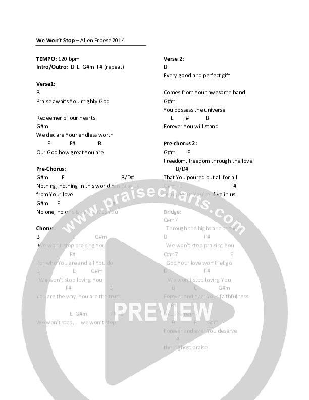 We Won't Stop Chords & Lyrics (Allen Froese)