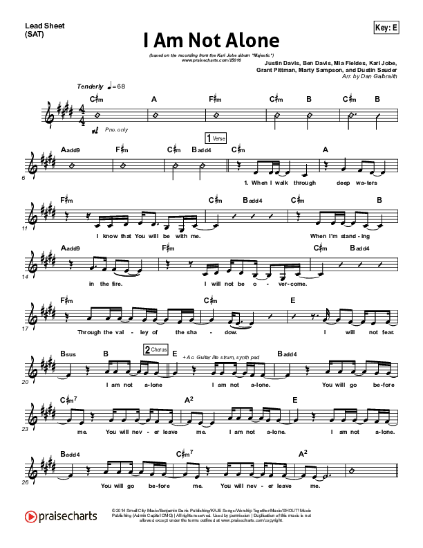 I Am Not Alone (Choral Anthem SATB) Lead Sheet (SAT) (Kari Jobe / Arr. Richard Kingsmore)