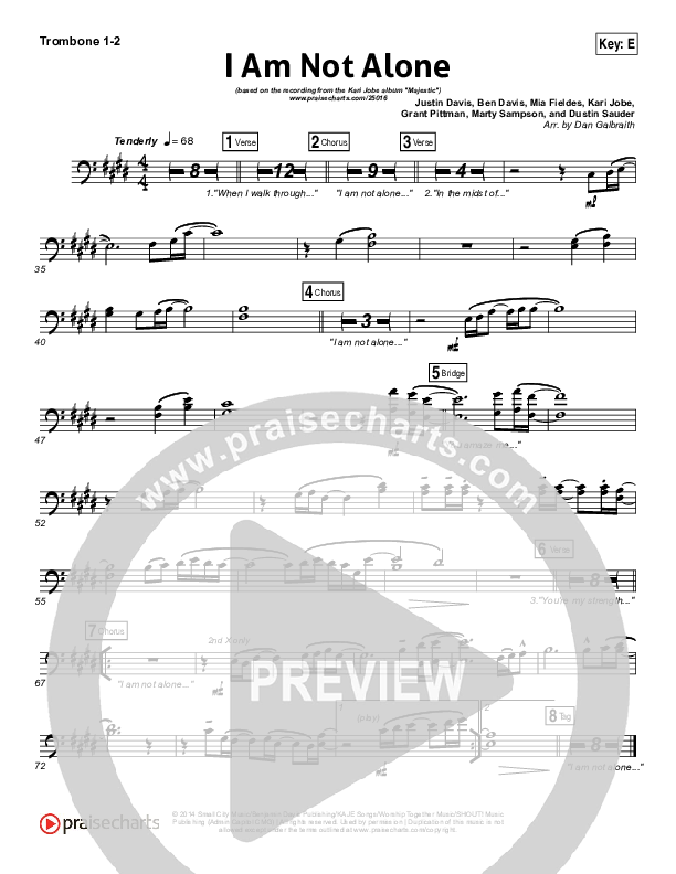 I Am Not Alone (Choral Anthem SATB) Trombone 1/2 (Kari Jobe / Arr. Richard Kingsmore)