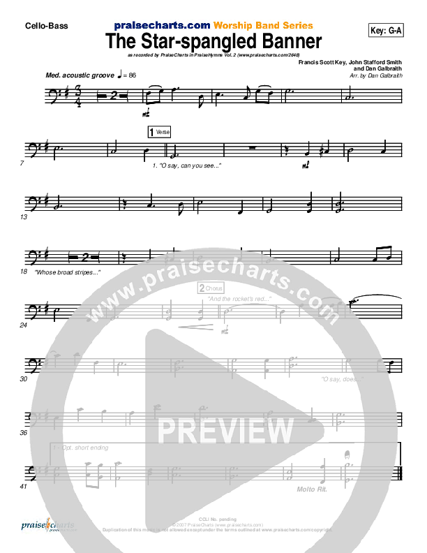 The Star-Spangled Banner Cello/Bass (PraiseCharts Band / Arr. Daniel Galbraith)
