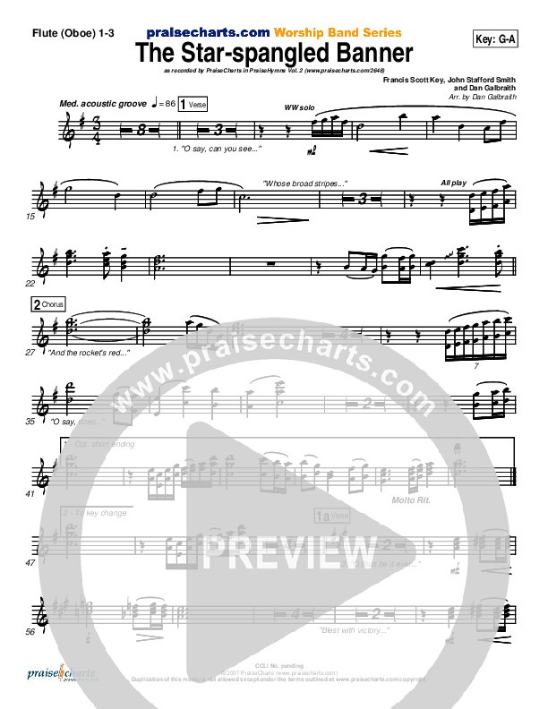 The Star-Spangled Banner Flute/Oboe 1/2/3 (PraiseCharts Band / Arr. Daniel Galbraith)