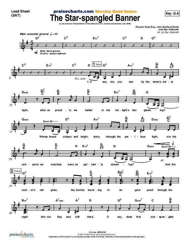 The Star-Spangled Banner Lead Sheet (SAT) (PraiseCharts Band / Arr. Daniel Galbraith)