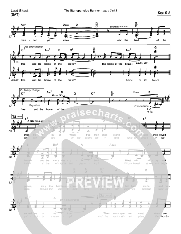 The Star-Spangled Banner Lead Sheet (SAT) (PraiseCharts Band / Arr. Daniel Galbraith)