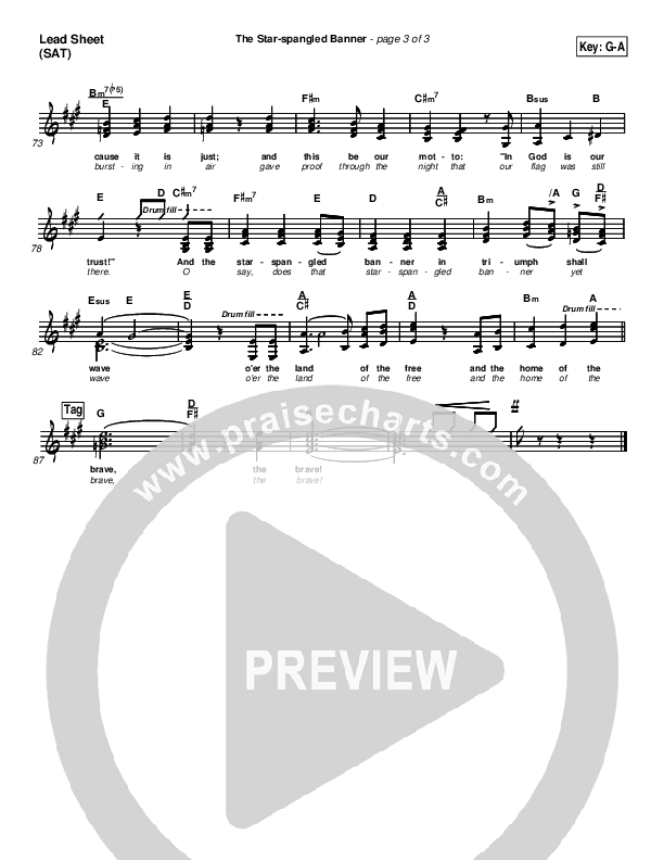 The Star-Spangled Banner Lead Sheet (SAT) (PraiseCharts Band / Arr. Daniel Galbraith)