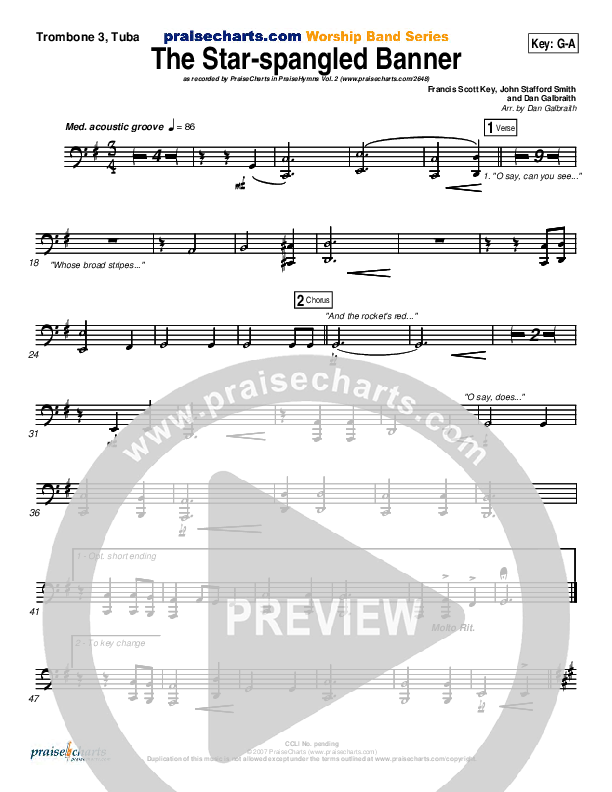 The Star-Spangled Banner Trombone 3/Tuba (PraiseCharts Band / Arr. Daniel Galbraith)