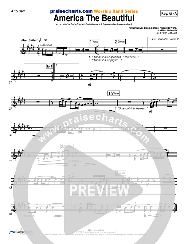 America The Beautiful Alto Sax (PraiseCharts Band / Arr. Daniel Galbraith)