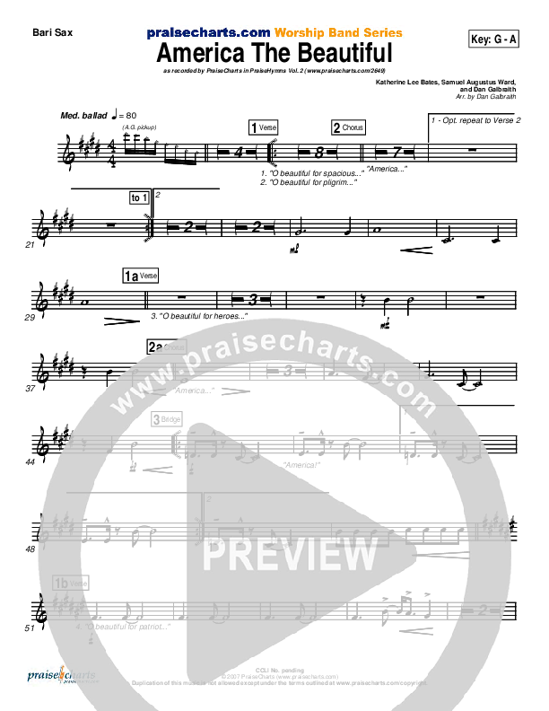 America The Beautiful Bari Sax (PraiseCharts Band / Arr. Daniel Galbraith)