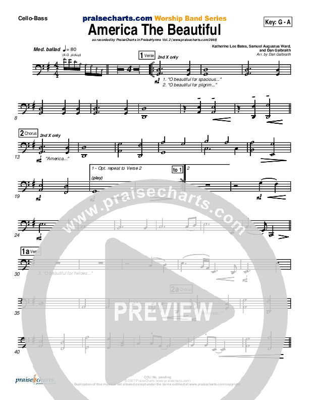 America The Beautiful Cello/Bass (PraiseCharts Band / Arr. Daniel Galbraith)