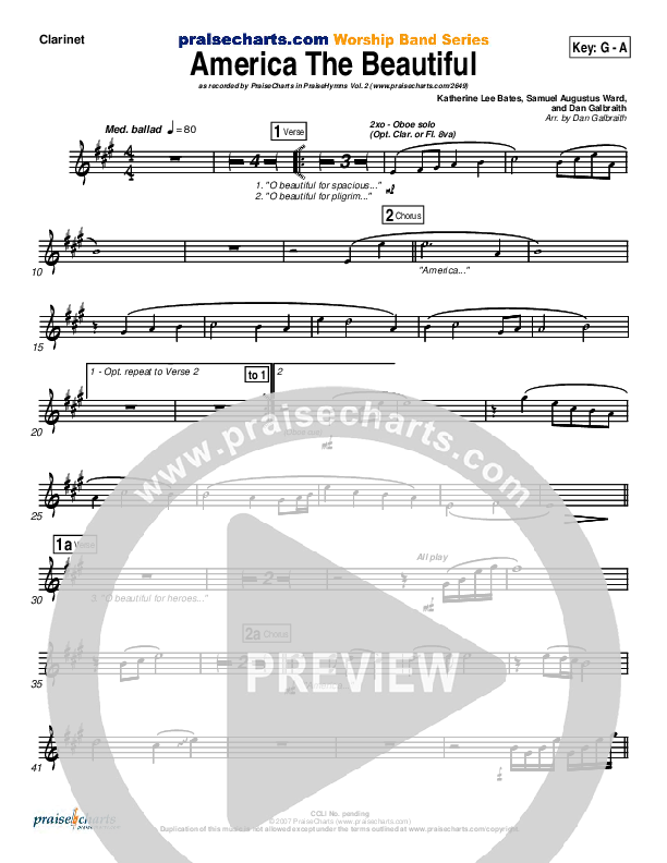 America The Beautiful Clarinet (PraiseCharts Band / Arr. Daniel Galbraith)