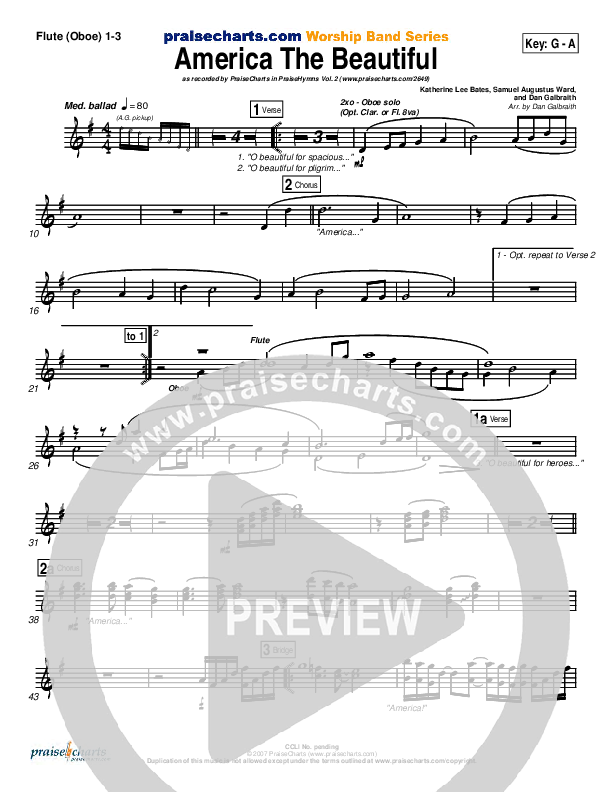 America The Beautiful Flute/Oboe 1/2/3 (PraiseCharts Band / Arr. Daniel Galbraith)