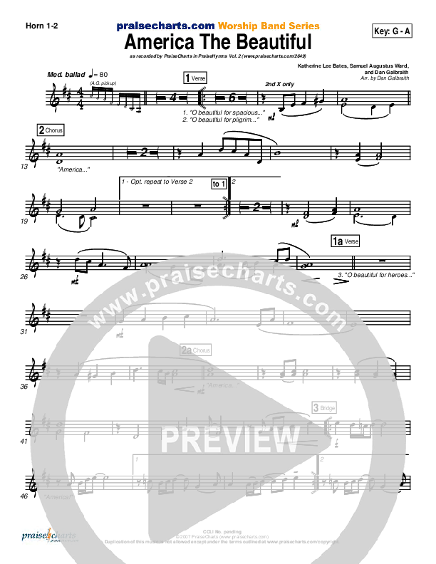 America The Beautiful French Horn 1/2 (PraiseCharts Band / Arr. Daniel Galbraith)
