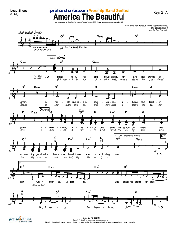 America The Beautiful Lead Sheet (SAT) (PraiseCharts Band / Arr. Daniel Galbraith)