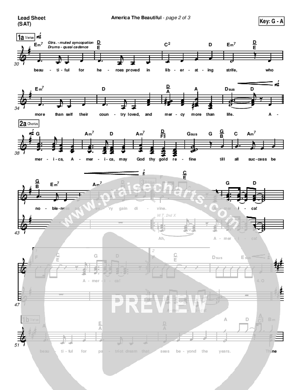 America The Beautiful Lead Sheet (SAT) (PraiseCharts Band / Arr. Daniel Galbraith)