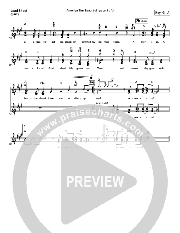 America The Beautiful Lead Sheet (SAT) (PraiseCharts Band / Arr. Daniel Galbraith)