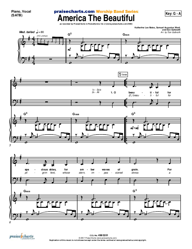 America The Beautiful Piano/Vocal (SATB) (PraiseCharts Band / Arr. Daniel Galbraith)