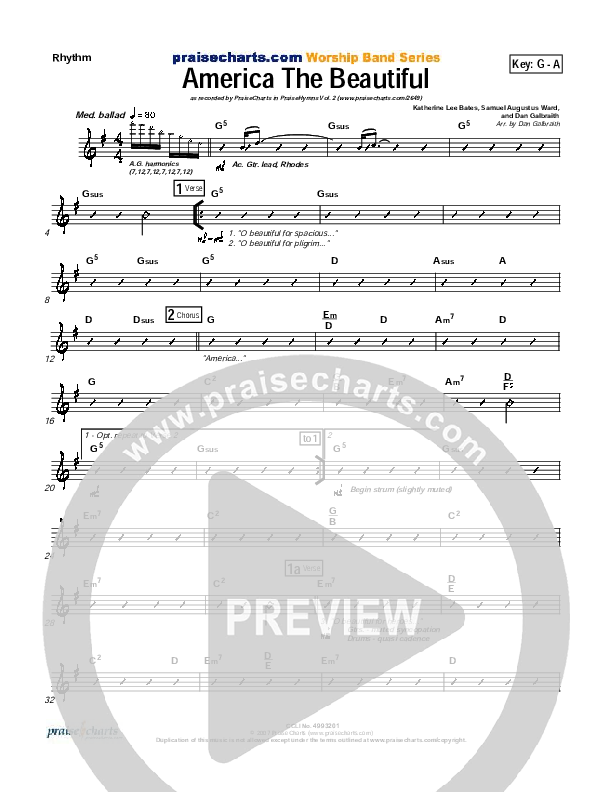 America The Beautiful Rhythm Chart (PraiseCharts Band / Arr. Daniel Galbraith)