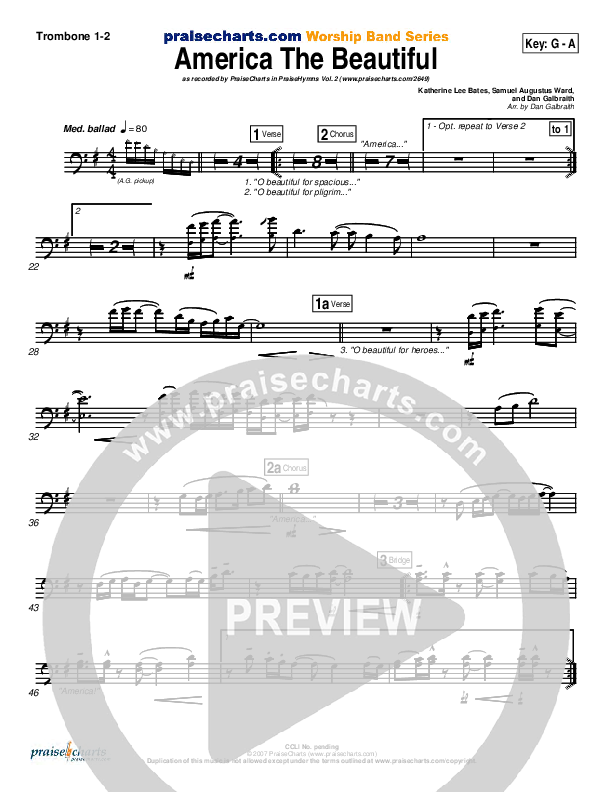 America The Beautiful Trombone 1/2 (PraiseCharts Band / Arr. Daniel Galbraith)