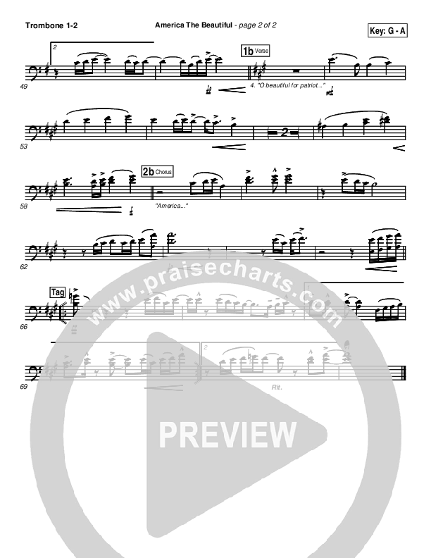 America The Beautiful Trombone 1/2 (PraiseCharts Band / Arr. Daniel Galbraith)