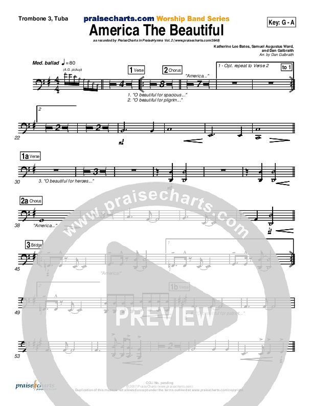 America The Beautiful Trombone 3/Tuba (PraiseCharts Band / Arr. Daniel Galbraith)