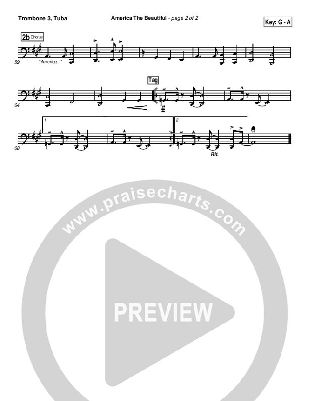 America The Beautiful Trombone 3/Tuba (PraiseCharts Band / Arr. Daniel Galbraith)