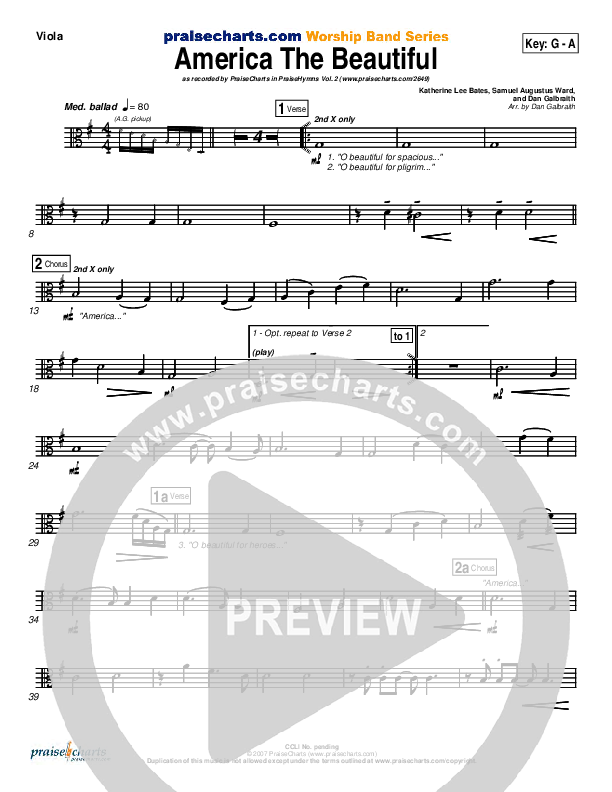 America The Beautiful Viola (PraiseCharts Band / Arr. Daniel Galbraith)