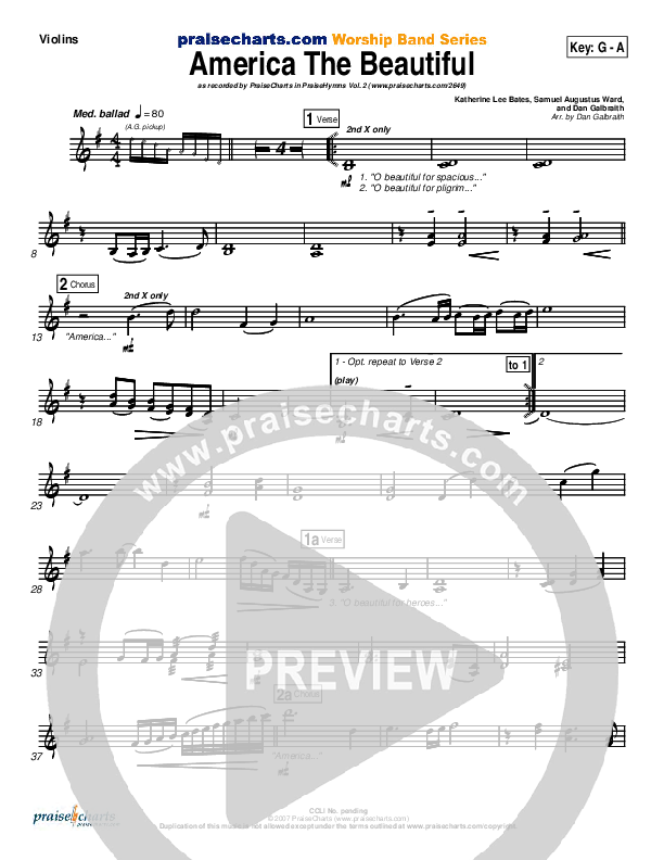 America The Beautiful Violins (PraiseCharts Band / Arr. Daniel Galbraith)