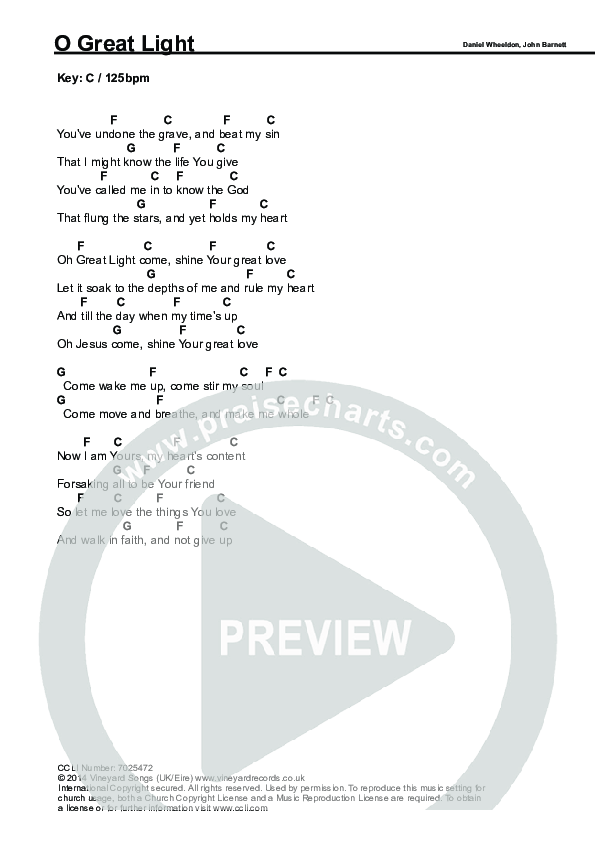 O Great Light Chords & Lyrics (Vineyard UK)
