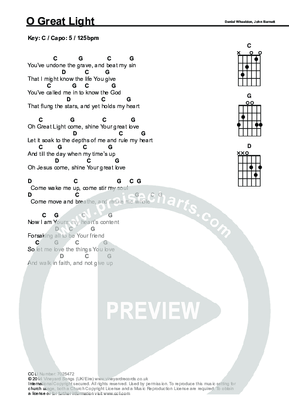 O Great Light Chords & Lyrics (Vineyard UK)