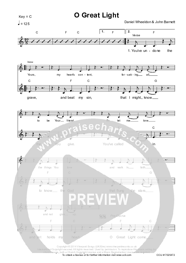 O Great Light Lead Sheet (Vineyard UK)