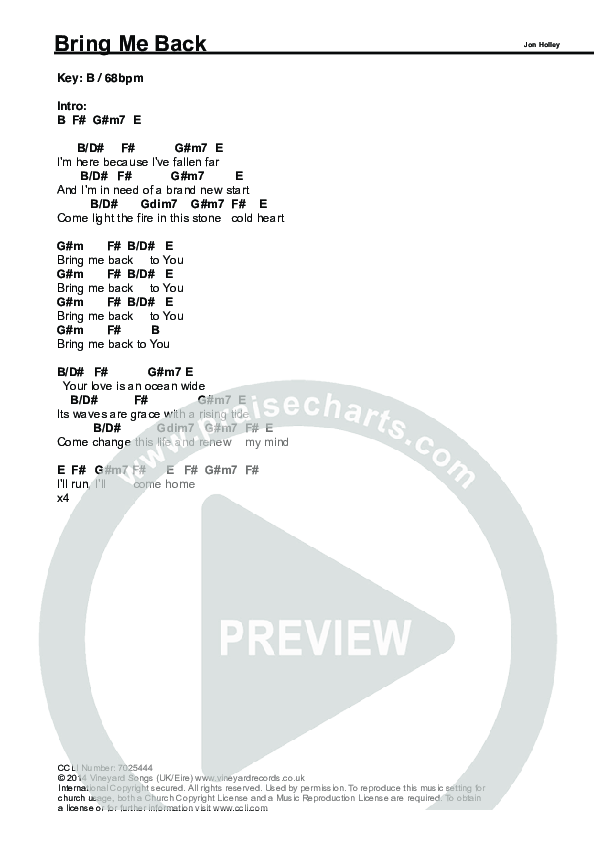 Bring Me Back Chords & Lyrics (Vineyard UK)