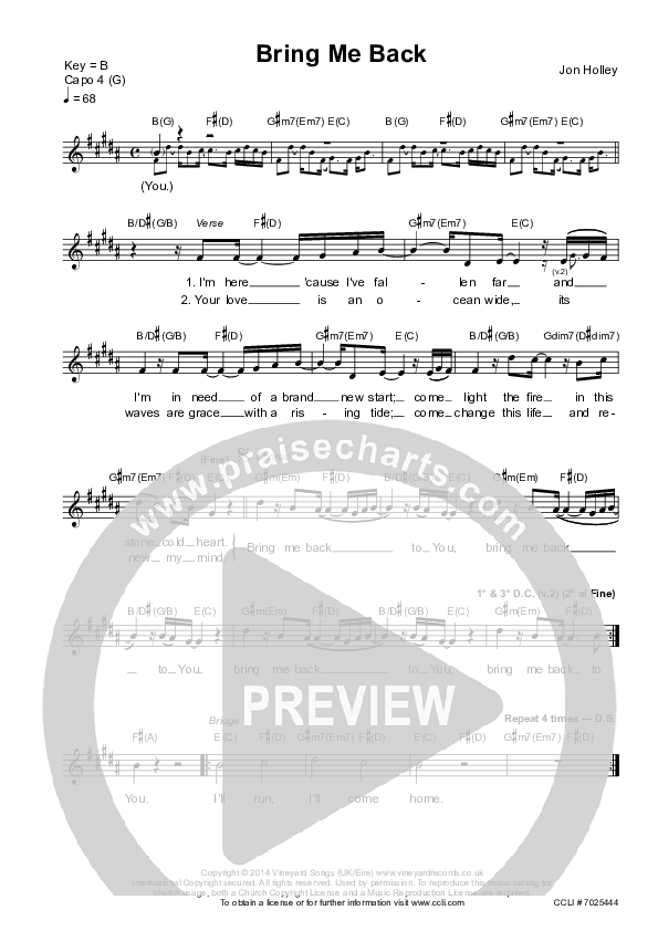Bring Me Back Lead Sheet (Vineyard UK)