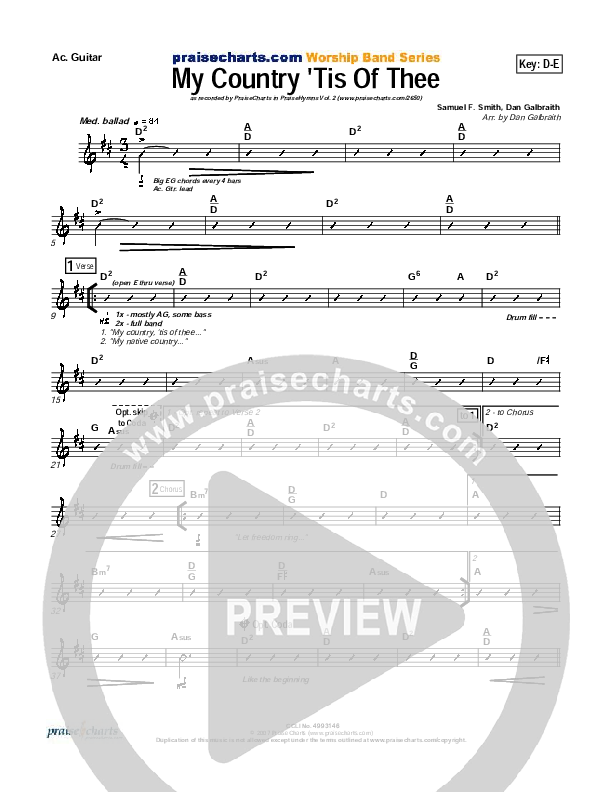 My Country Tis Of Thee Rhythm Chart (PraiseCharts Band / Arr. Daniel Galbraith)