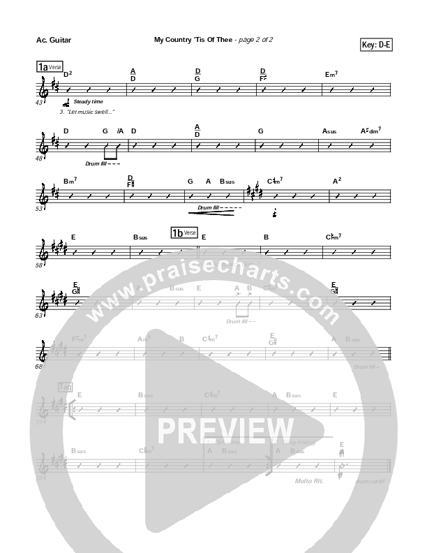 My Country Tis Of Thee Acoustic Guitar (PraiseCharts Band / Arr. Daniel Galbraith)
