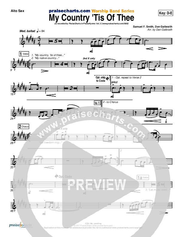 My Country Tis Of Thee Alto Sax (PraiseCharts Band / Arr. Daniel Galbraith)