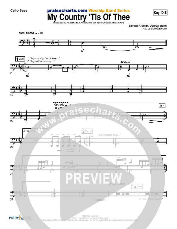 My Country Tis Of Thee Cello/Bass (PraiseCharts Band / Arr. Daniel Galbraith)