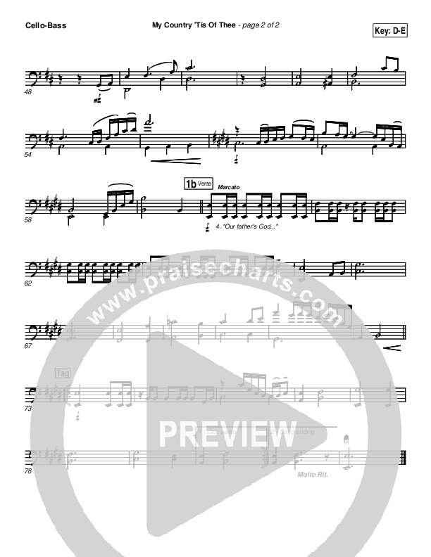My Country Tis Of Thee Cello/Bass (PraiseCharts Band / Arr. Daniel Galbraith)
