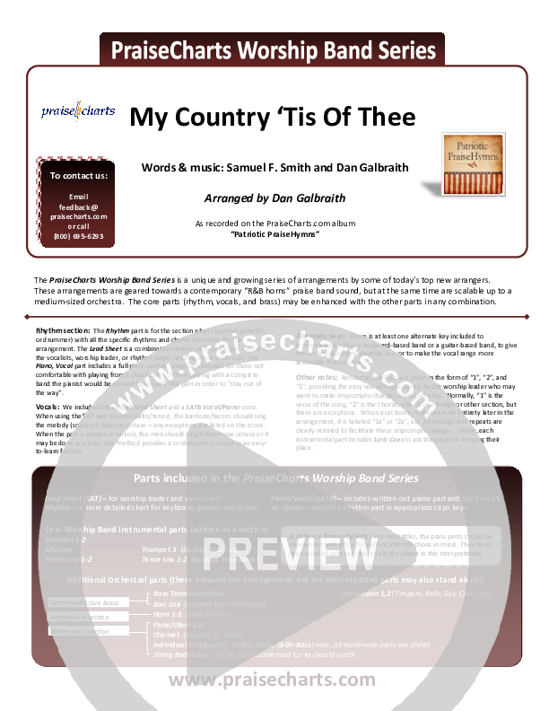 My Country Tis Of Thee Orchestration (PraiseCharts Band / Arr. Daniel Galbraith)